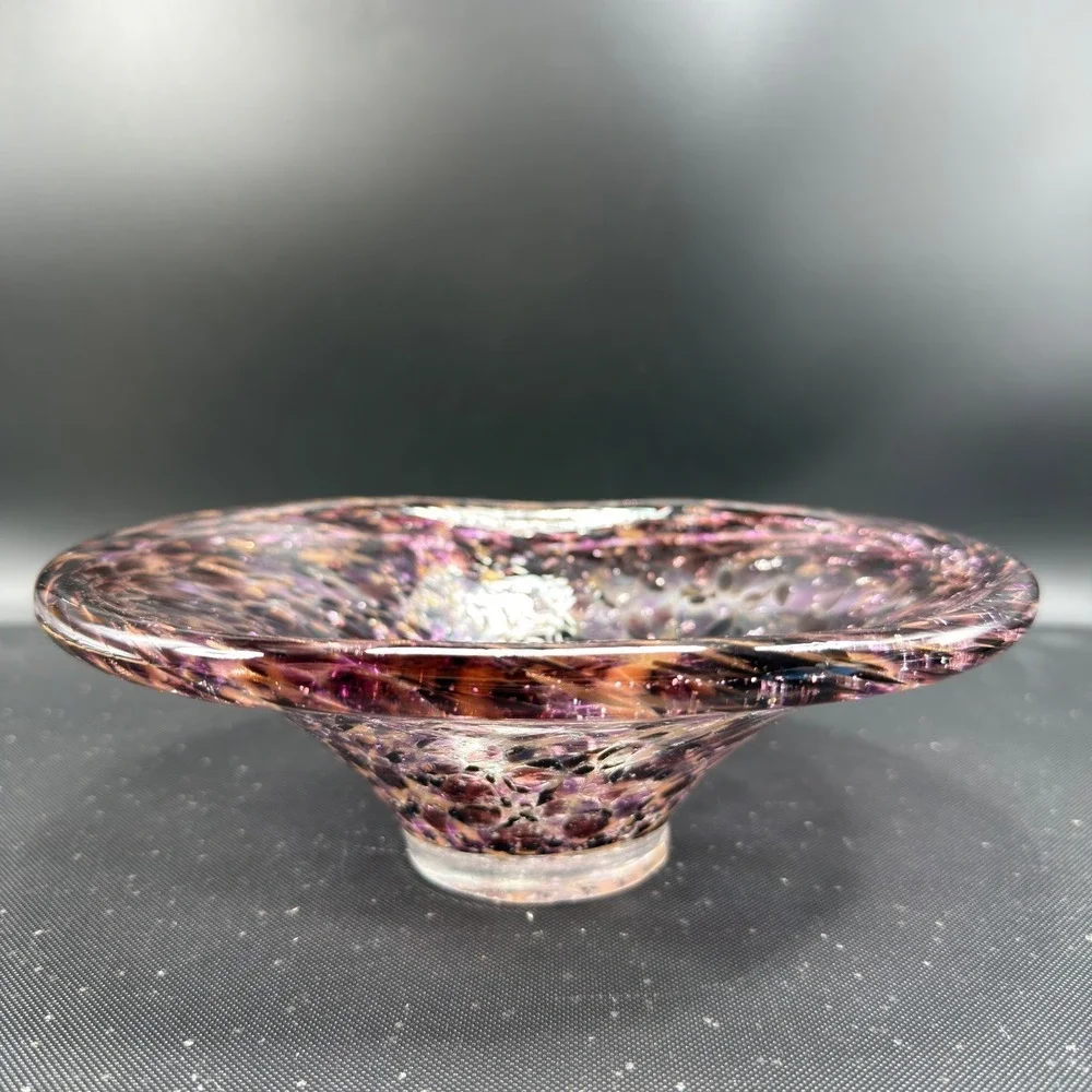 Julia Knight Hand Blown Italy Art Glass Bowl Dish Purple Amber‎ Silver Confetti
